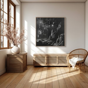 Sternenklare Nacht Meteorschauer Kunst | Kosmische Landschaft Digitaldruck | Himmlische Felsen und Weltraum Poster | Monochrome Wandkunst | Sofort Download