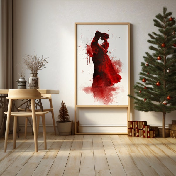 Romantic Embrace Digital Art | Red and White Watercolor Love Dance | Abstract Couple Kiss | Passionate Artwork Instant Download