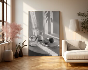 Monochrome Still Life Digital Print | Serene Domestic Moment | Glass  Citrus Fruits | Sunlit Shadows Art | Home Decor Download