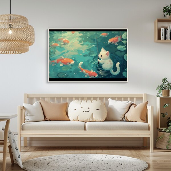 Kawaii Cat Fishing Digital Art | Adorable Kitty and Koi Pond | Fantasy Animal Illustration | Whimsical Pet Art | Instant Download