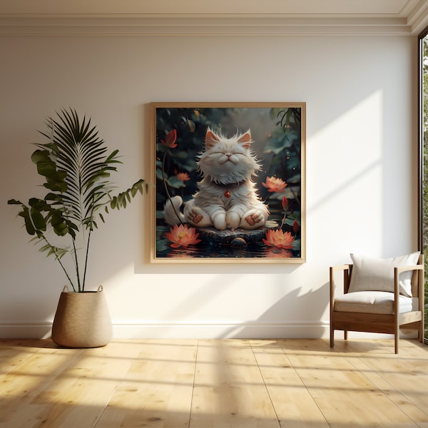 Zen Cat Digital Art Print | Serene Kitty Meditation | Lotus Pond Peaceful Scene | Warm Colors Home Decor | Instant Download