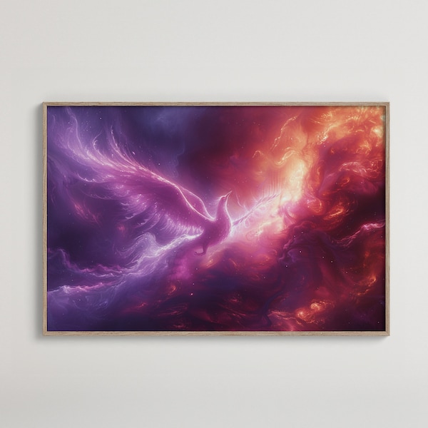 Cosmic Phoenix Art Print | Nebula Landscape with Mythical Bird | Vibrant Space Artwork | Ethereal Fantasy Wall Decor | Digital Download