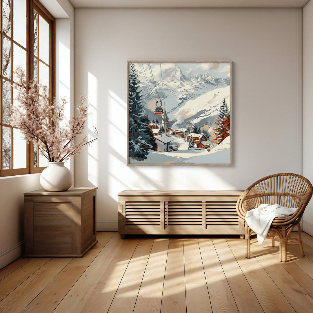 Vintage Ski Resort Digital Art | Red Cable Cars Snowy Chalets ...