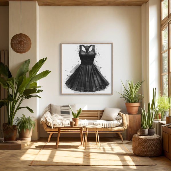 Modern Dress Art Print | Watercolor Sleeveless Fashion Design | Gray Scale Pleated Skirt Wall Art | Fashionista Home Decor Digital Download