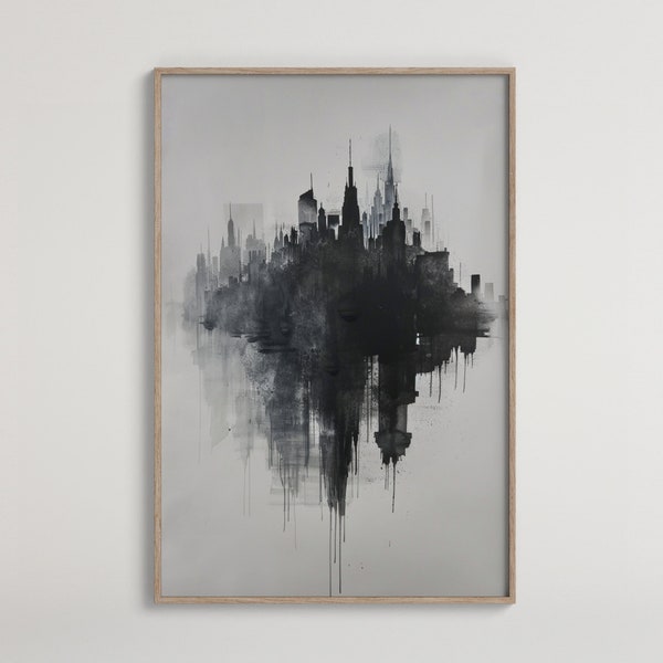 Abstract City Skyline Digital Art | Monochrome Urban Reflection | Expressive Ink-Style Cityscape