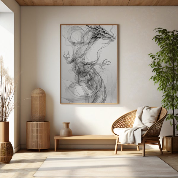 Monochromatic Dragon Art Print | Smoky Elegance Dragon Drawing | Fine Line Fantasy Creature | Ethereal Beast Wall Art | Digital Download