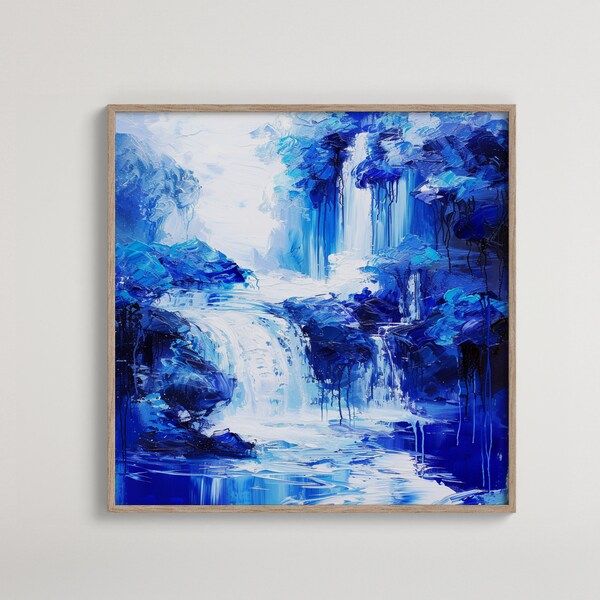 Blue Waterfall Impasto Painting | Square Digital Art Print | Vibrant Textured Water Landscape | Monochromatic Home Decor Download