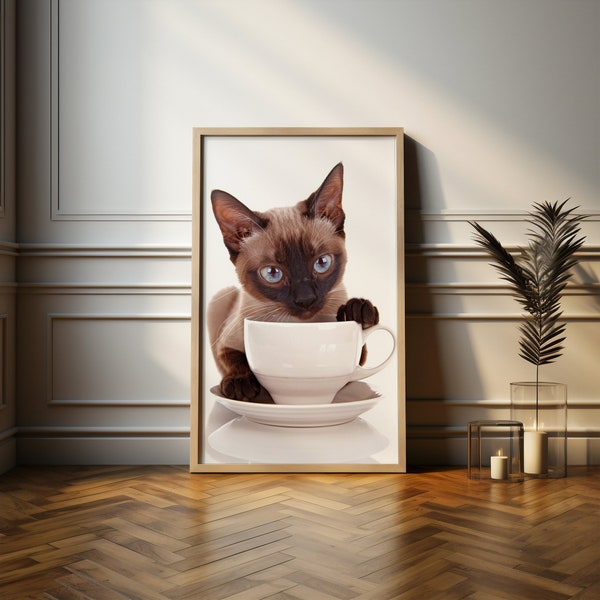 Siamese Cat in Coffee Cup Digital Art | Playful Feline Artwork | Blue-Eyed Cat Portrait | Pet Lover's Wall Decor | Instant Download