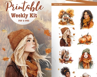 Fall Digital Stickers, Autumn Digital Stickers, Printable Sticker Sheet, Seasonal Stickers Kit, Ipad Stickers, Watercolor Planner Stickers