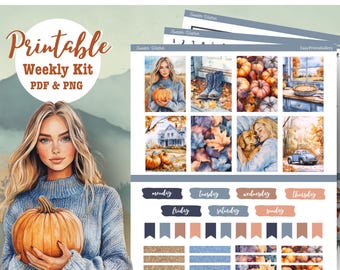 Watercolor Autumn Printable Planner Stickers, Fall Weekly Sticker Kit, Erin Condren Planner Sticker, Vertical Sticker Kit, Autumn Ambience
