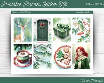 Green and Red Christmas Printable Planner Stickers, Weekly Journal Stickers Kit, Erin Condren, Winter Holiday Watercolor Stickers, PDF, PNG