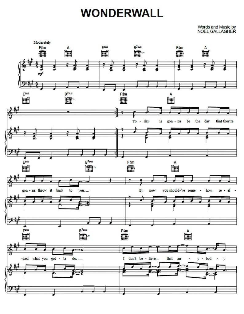 Wonderwall - Oasis Piano Music Sheet - Printable - Download - Etsy