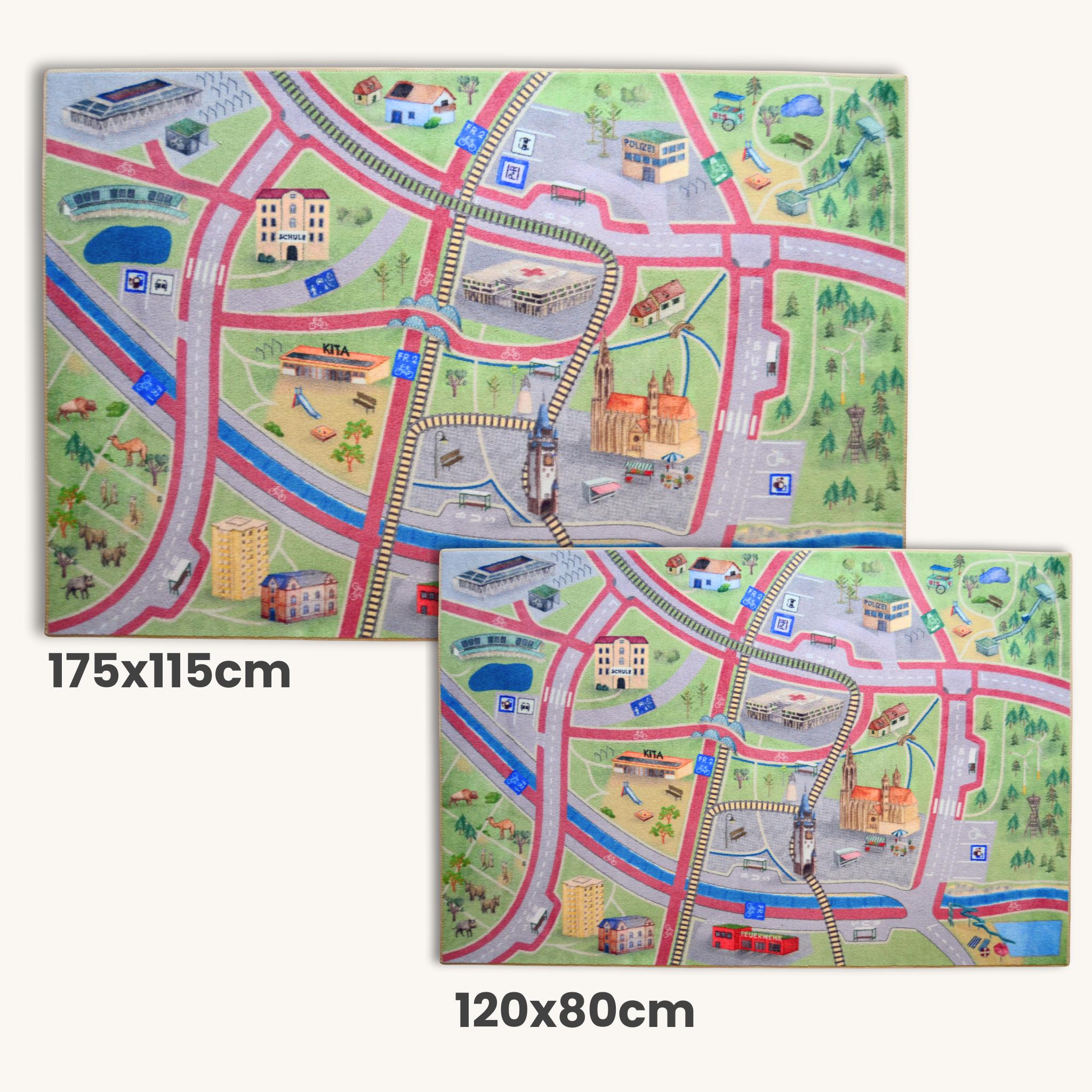 Spielteppich FREIBURG | Straßenteppich Kinder | Made in Germany | Schadstoffgeprüft | Verkehrsspielteppich 175x115cm & 120x80cm