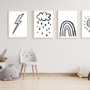 Poster für Baby Zimmer | Poster fürs Kinderzimmer | 4er-Set | Druckbare Kunst Kinder-Spielzimmer | Schlafzimmer Kunst | Monochrom Schwarz Weiß | Thema Wetter