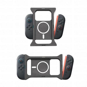 May include: Two grey game controller holders with attached black and red controllers. The holders have a circular design in the centre and are designed to hold a gaming device. The controllers have buttons and joysticks.