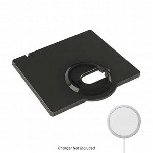 May include: A matte black square charging dock accessory featuring a circular cutout designed to hold a wireless charger. The dock has a small notch on the top edge and includes a separate white circular wireless charger component below it.