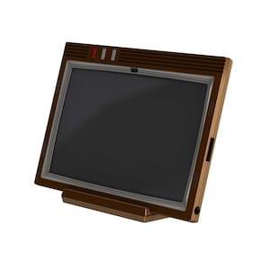 May include: A brown retro-style computer monitor with a black screen. The monitor has a rectangular shape with a stand and a thin silver frame around the screen. There are three small rectangular lights at the top.