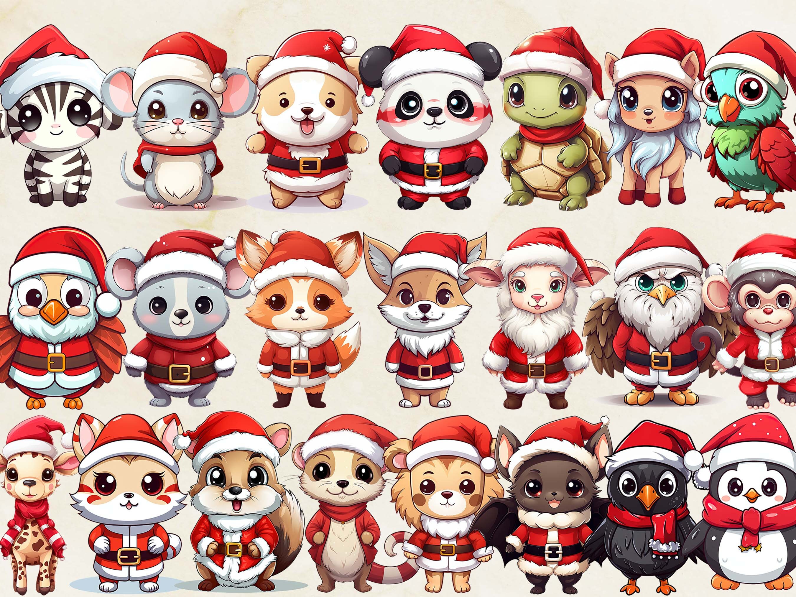 Kawaii Christmas Animals Clipart Bundle, Kawaii Christmas Clipart ...
