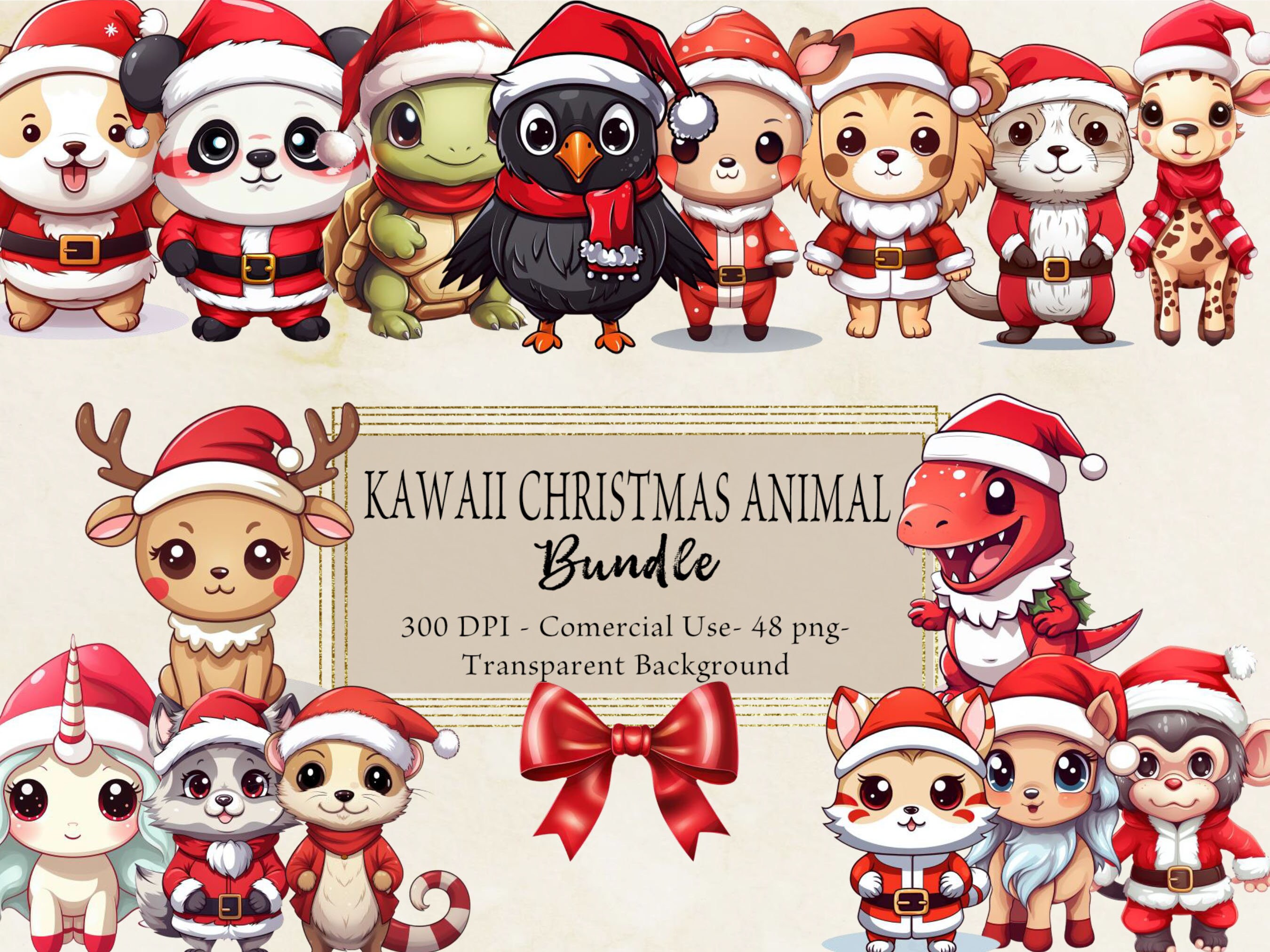 Kawaii Christmas Animals Clipart Bundle, Kawaii Christmas Clipart ...