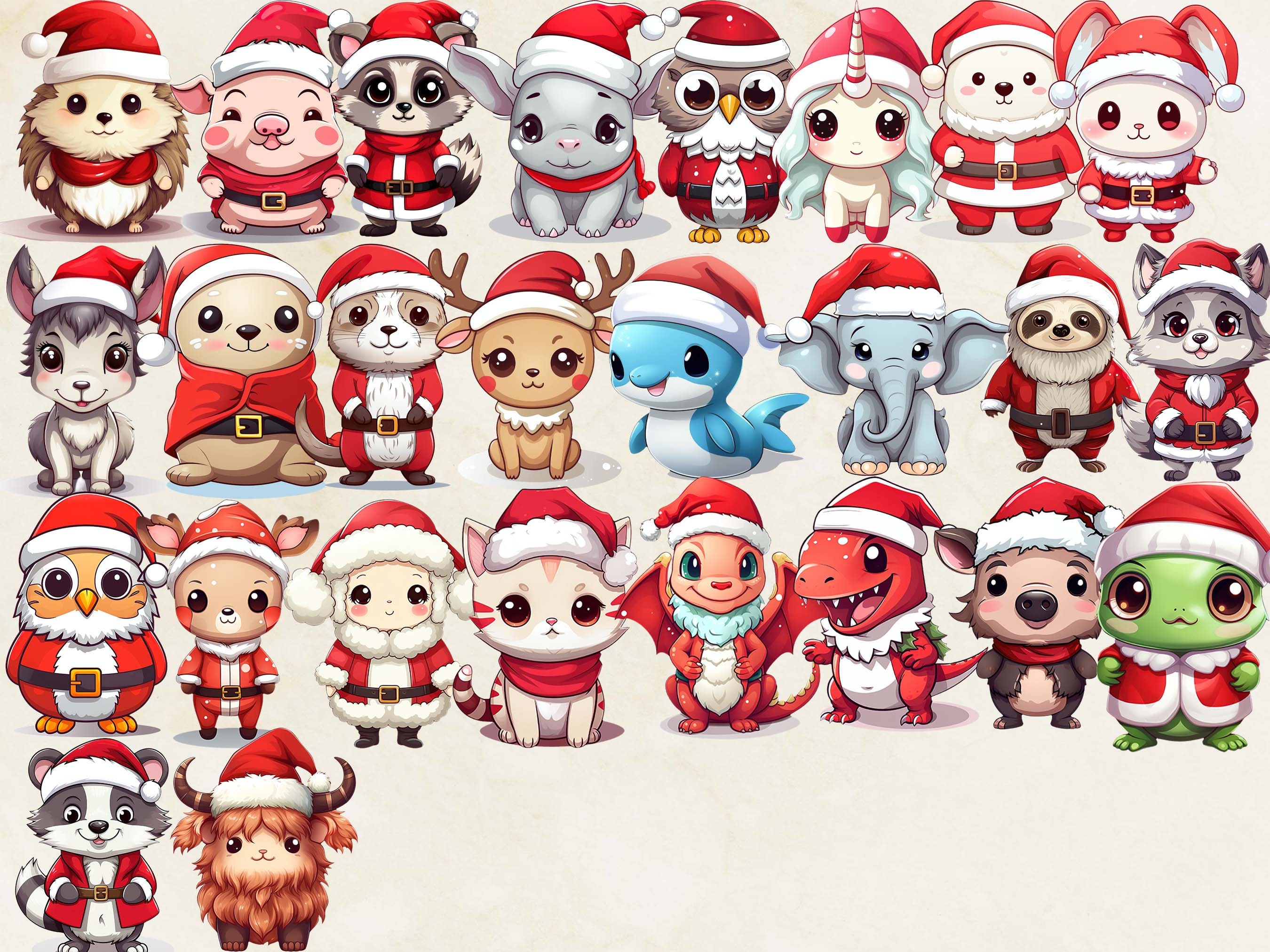 Kawaii Christmas Animals Clipart Bundle, Kawaii Christmas Clipart ...
