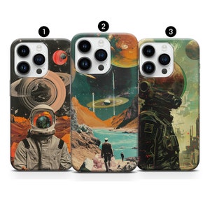 May include: Three phone cases with space-themed designs. The cases feature astronauts, planets, and futuristic landscapes in a vintage, collage style. The color palette includes shades of orange, blue, green, and brown, creating a retro aesthetic.