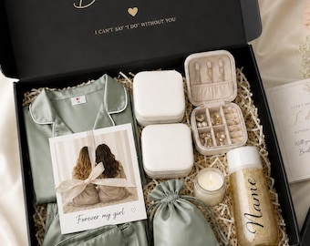 Luxury Personalized Bridal Box – Bridesmaid Proposal Gift Set | Satin PJ, Flute, Jewelry Case & Candle