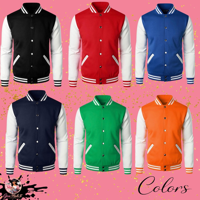 Puede incluir: Seis chaquetas tipo varsity en negro, rojo, azul, azul marino, verde y naranja. Cada chaqueta tiene mangas blancas, cierre de botones a presi&oacute;n, dos bolsillos laterales y ribetes acanalados a rayas en el cuello, pu&ntilde;os y dobladillo.