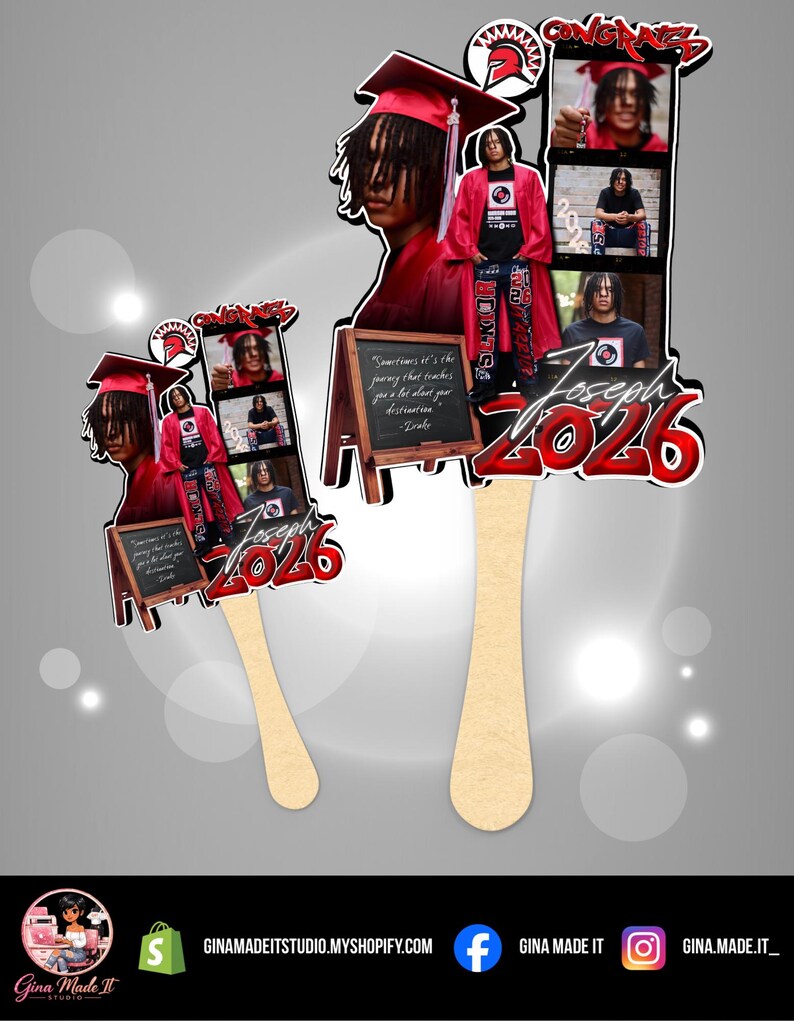 May include: Graduation-themed fan featuring a photo collage of a graduate in a red cap and gown. The fan includes the name "Joseph 2026" in red and white, along with the text "Congrats" and a quote on a small chalkboard.