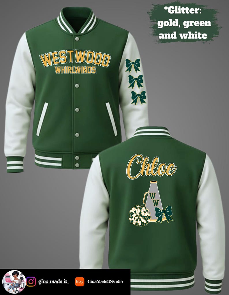 Puede incluir: Una chaqueta universitaria verde y blanca con el texto Westwood Whirlwinds en el frente y tres lazos en la manga. La parte posterior muestra el nombre Chloe sobre un gr&aacute;fico de meg&aacute;fono y pomp&oacute;n. Detalles de purpurina en oro, verde y blanco.