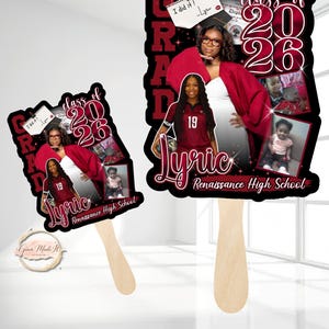 May include: Graduation fan featuring a photo of a graduate in a red gown, with the text "Class of 2026" and "Lyric Renaissance High School." The fan has a wooden handle and includes additional photos.
