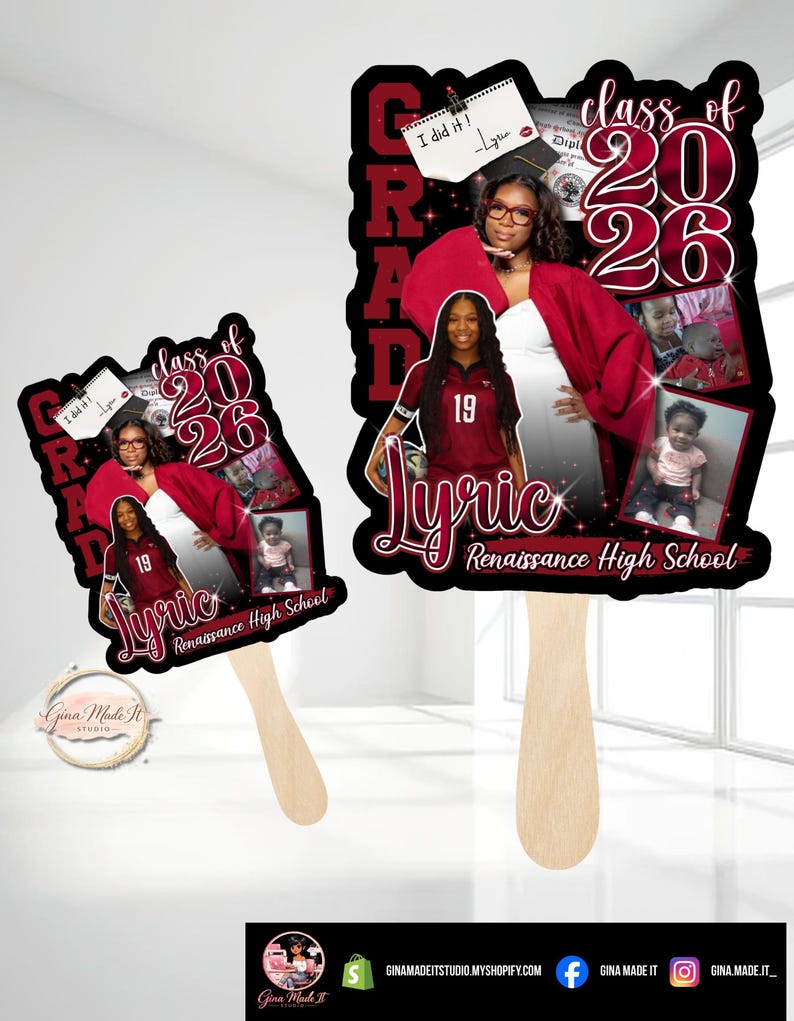 May include: Graduation fan featuring a photo of a graduate in a red gown, with the text "Class of 2026" and "Lyric Renaissance High School." The fan has a wooden handle and includes additional photos.