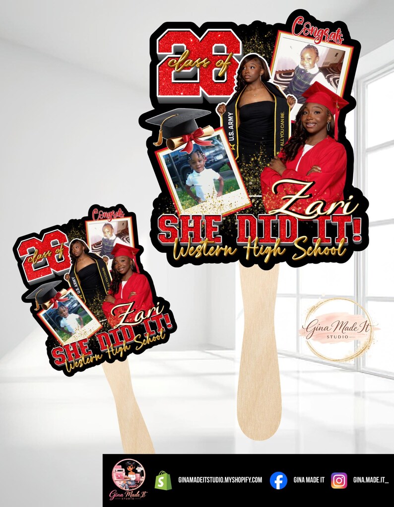 May include: Two graduation fan decorations. The fans feature a black background with red and gold accents. Each fan has photos, the text "Class of 23", "She Did It!", and "Western High School". One fan has the name "Zari".
