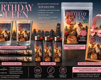 Deluxe Birthday Party Favor Set • Custom Shot Glasses, Labels, Stickers, Bags