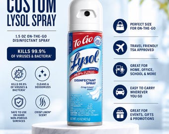 Puede incluir: Un frasco de spray desinfectante Lysol To Go de 42,5 g con aroma Crisp Linen. La etiqueta azul y roja presenta el texto Custom Lysol Spray, Kills 99.9% of Viruses & Bacteria y enumera los ingredientes activos. El frasco tiene tapa blanca.