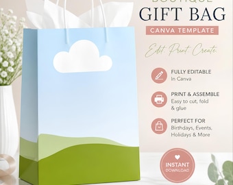 Puede incluir: Una plantilla de Canva para bolsa de regalo grande con cielo azul claro, una nube blanca y colinas verdes. El texto dice BOUTIQUE GIFT BAG, Edit. Print. Create., FULLY EDITABLE, PRINT & ASSEMBLE, PERFECT FOR e INSTANT DOWNLOAD.
