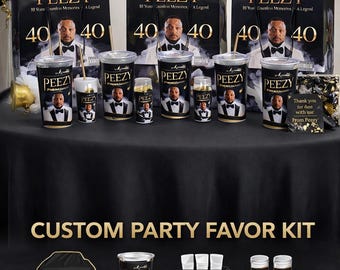 Custom Party Favor Kit • 8x8 Backdrop, Tablecloth, Cups, Gift Bags, Shot Glasses