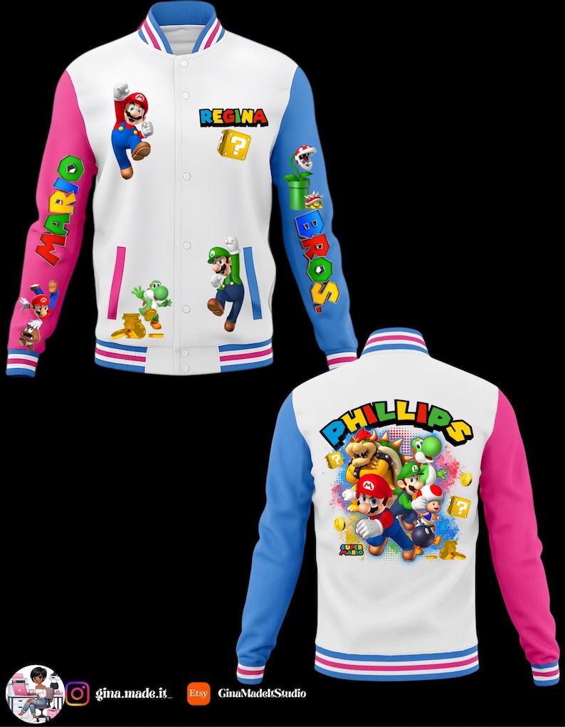 Puede incluir: Una chaqueta tipo varsity blanca con mangas rosas y azules, con gr&aacute;ficos de personajes de Super Mario, el nombre REGINA en el frente y el nombre PHILLIPS en la espalda. El dise&ntilde;o incluye a Mario, Luigi, Yoshi, Bowser y Toad con iconos.
