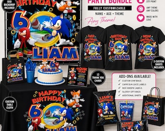 Custom Sonic Birthday Party Bundle | Backdrop, Shirts, Tablecloth (Personalized)