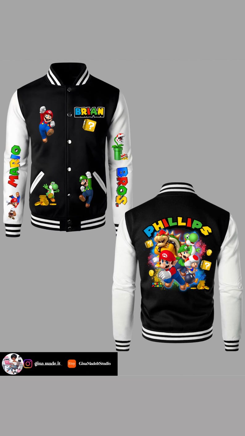 Puede incluir: Una chaqueta universitaria negra y blanca con gr&aacute;ficos de personajes de Super Mario. El frente muestra el nombre BRIAN, Mario, Luigi, Yoshi y una planta Pira&ntilde;a. La parte posterior presenta el nombre PHILLIPS con gr&aacute;ficos de Mario, Luigi, Bowser y Toad.