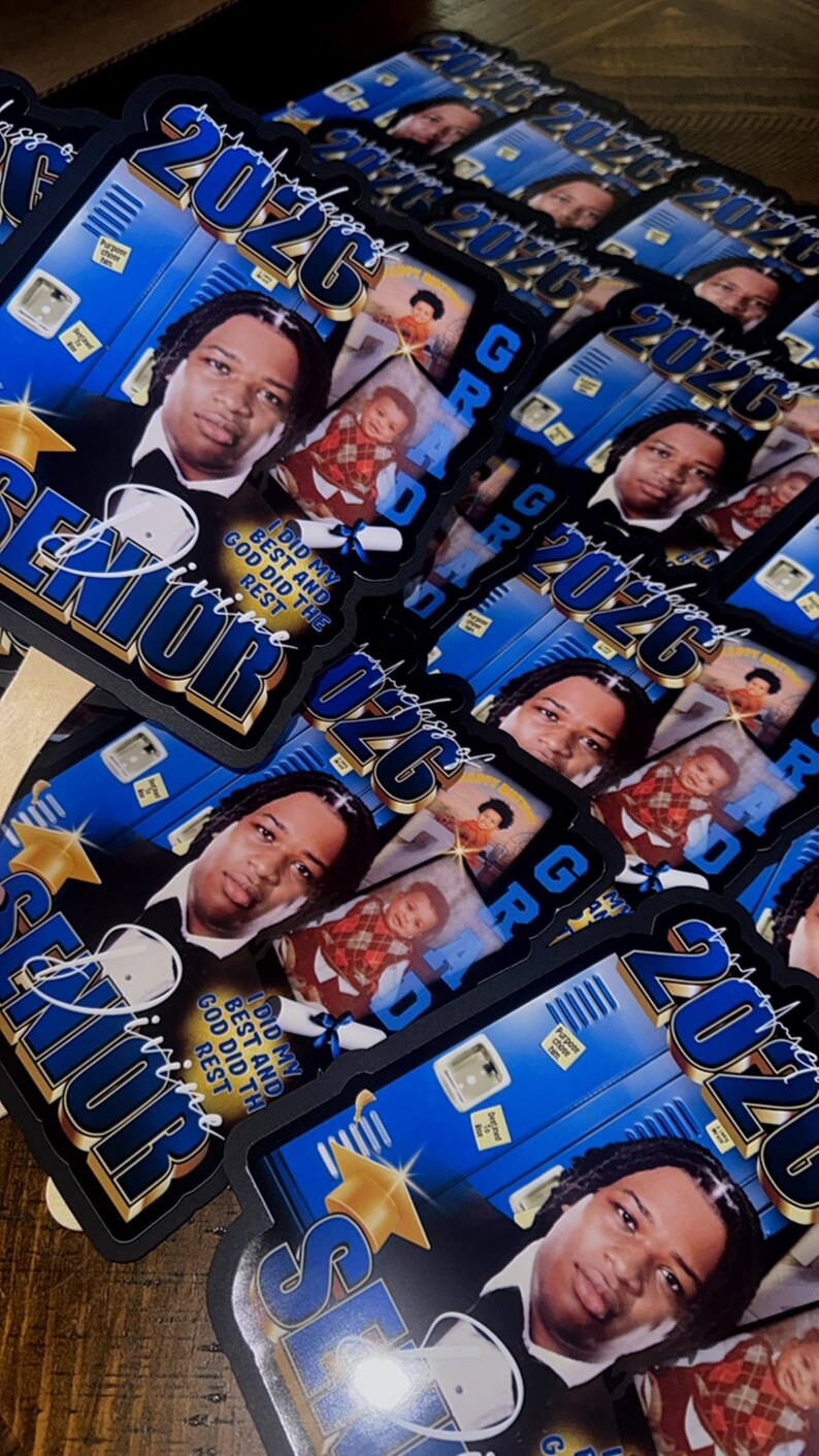 May include: A collection of graduation-themed photo magnets. Each magnet features a portrait of a person in a tuxedo, the year "2026", and the words "Senior" and "Grad". The magnets have a blue and gold color scheme.