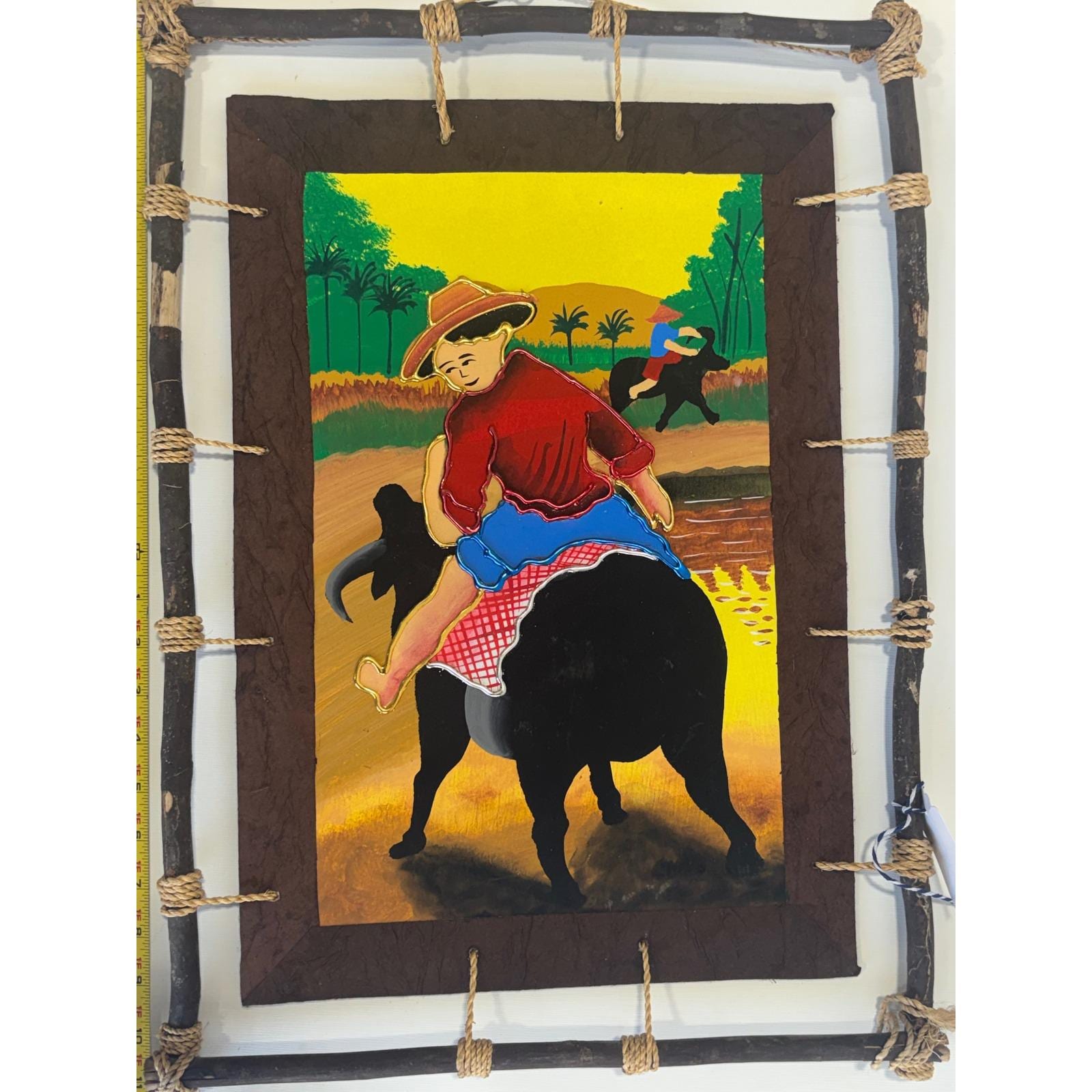 Vintage Filipino Folk Art Painting Water Buffalo Rustic Branch Frame 22x16