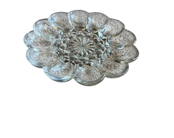 Bandeja vintage de vidrio prensado transparente para huevos rellenos, redonda, con 12 ranuras y diseño de estrella, 23 cm (9 pulgadas)