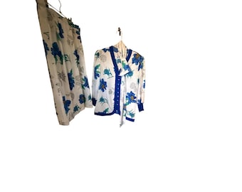 Conjunto de falda vintage floral Anthony Sicari, jacquard azul y blanco, 2 piezas, talla 16