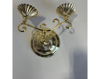 Vintage Gold Tone Brass Metal 2 Arm Candelabra Scrolled Shell Candle Holder