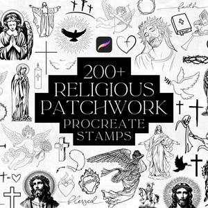 Religiöses Tattoo, Patchwork Procreate Stempel, Procreate Pinsel-Set, religiöses Bündel, Kreuz, Procreate Werkzeuge, Cherub, spirituelle Tattoo-Stempel