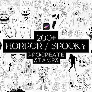 Más de 200 sellos de Halloween para Procreate, juego de pinceles para Procreate, paquete de terror, aterrador, herramientas para Procreate, otoño, sellos de tatuajes de patchwork para Halloween
