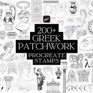 Sellos de patchwork de mitología griega para Procreate, juego de pinceles para Procreate, tatuajes de estatuas, sellos de Roma, tatuajes espartanos, kit de hojas con imágenes de mitos griegos