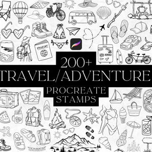 Reizen en avontuur Procreate-stempels, procreate-penselenset, zomer, fijne lijn, girly patchwork, strand, wandelen, kamperen, vakantie, tatoeages