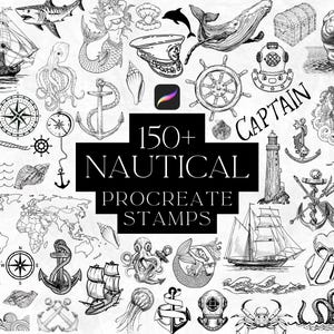 Timbri Procreate Nautical, set di pennelli Procreate, pacchetto di tatuaggi tradizionali, tatuaggio marino, squalo, bussola, sirena, timbri per tatuaggi patchwork