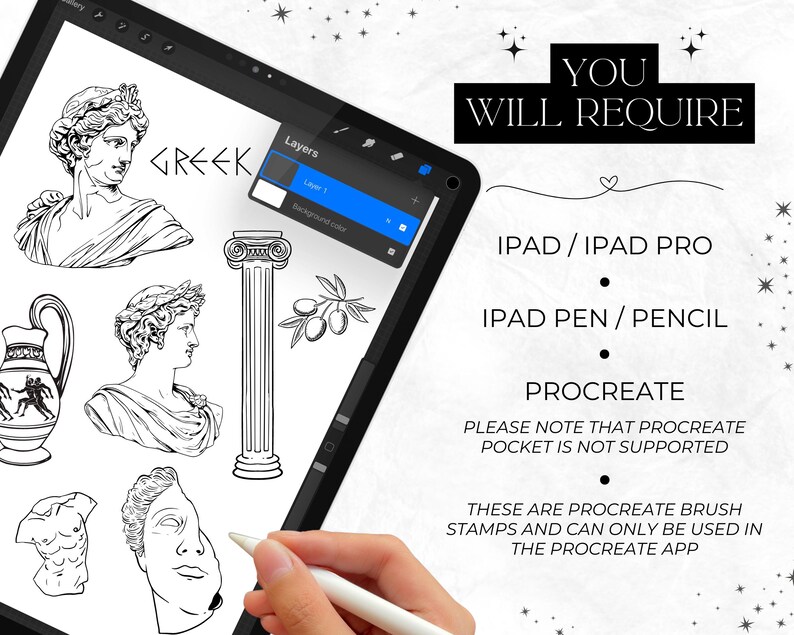 Greek Mythology Patchwork Procreate Stamps, Procreate Brush Set, Statue